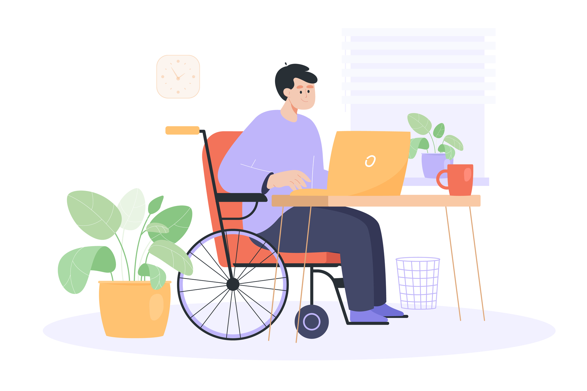 Smiling worker in wheelchair working at computer at workplace. Man with physical disability, home office flat vector illustration. Accessibility, remote work, occupation concept for banner